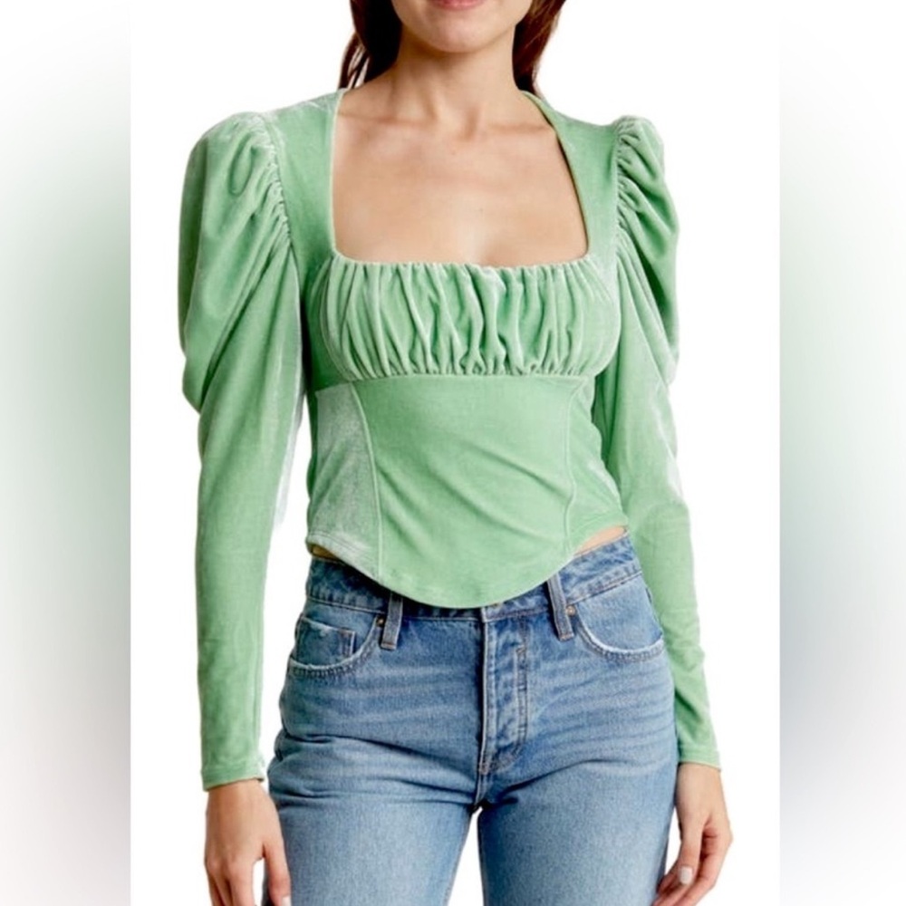 Free People Hold Me Puff Sleeve Velvet Top in Sage Brush Green